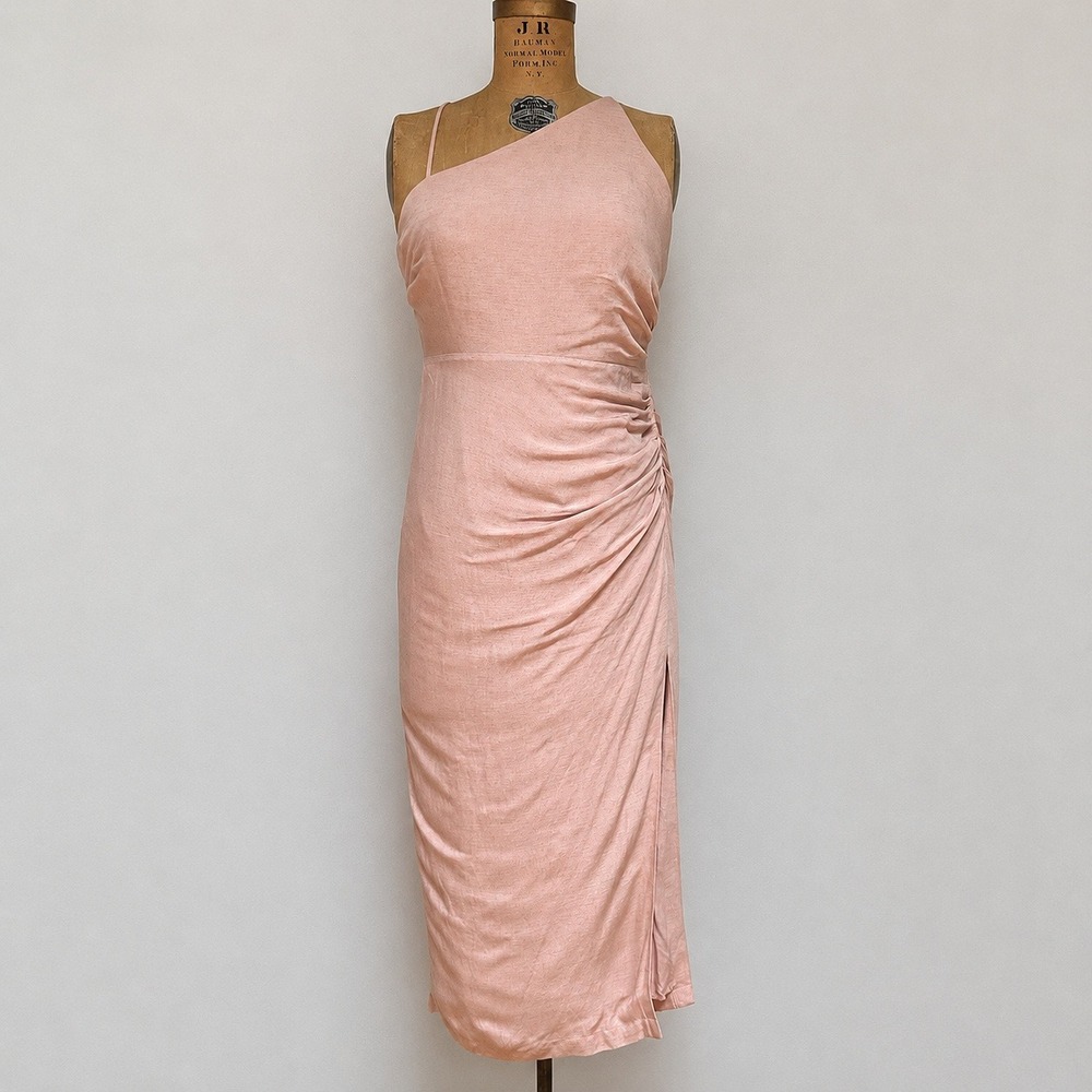 By Anthropologie Ruched Asymmetrical Dress 8P NWT Pink Linen Blend Midi $160